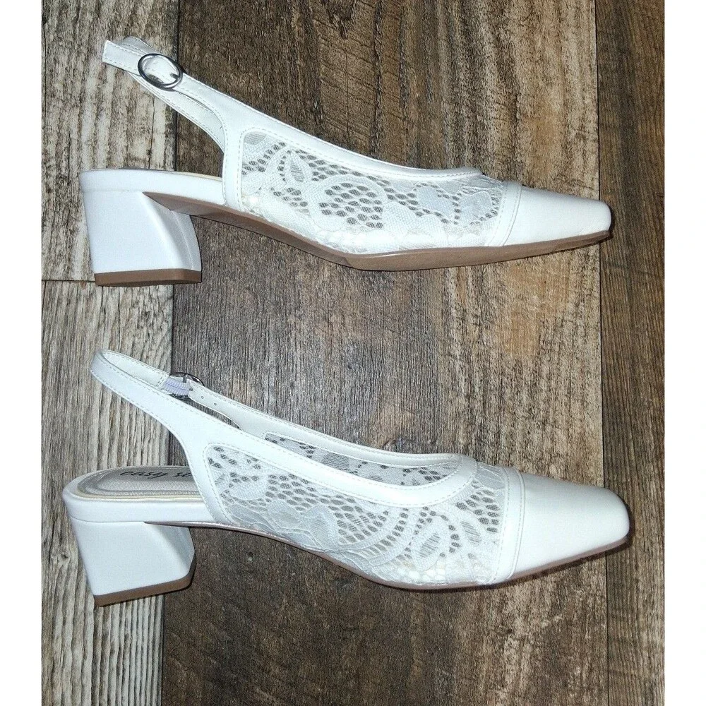 NEW! Women's Easy Street Fortune White Lace Square Toe Slingback Pumps, Size 7M